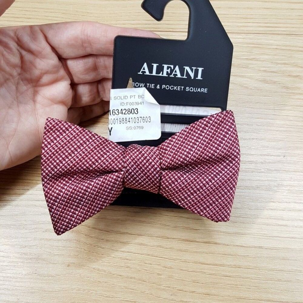 ALFANI Mens Bow Tie Burgundy Red Micro Check Textured Adjustable Pre-Tied